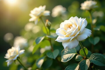 Fototapeta premium A profusely blooming white rose bush, petals unfurling in sunlight , closeup, nature