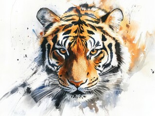 Obraz premium A powerful watercolor portrait of a tiger, capturing its intense gaze and vibrant orange stripes, surrounded by dynamic splashes of color. 