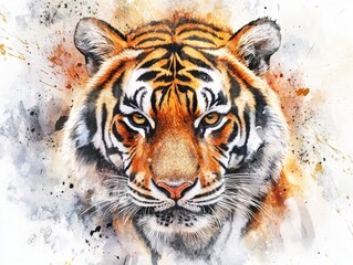 Naklejka premium Fierce tiger portrait in watercolor with dynamic splashes 