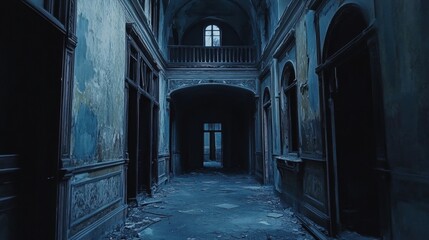 Fototapeta premium Empty, decaying hallway within a dilapidated mansion.