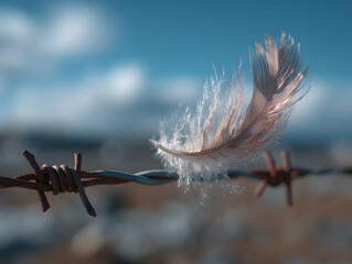 Feather caught in barbed wire blue sky blurred 