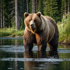 Fototapeta premium Grizzly bear wading in shallow water