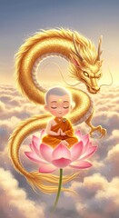 Serene Monk and Golden Dragon: A Celestial Harmony