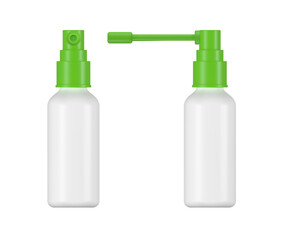 Spray throat bottle mockup with green nozzle and white container for oral medical and cosmetic product packaging design. 
