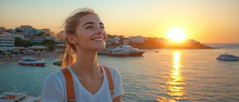 Happy woman enjoying sunset over calm sea, boats, and coastal town