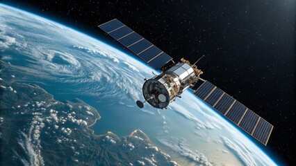 A communication satellite orbits the Earth in space, with solar panels extended and city lights visible on the night side of the planet