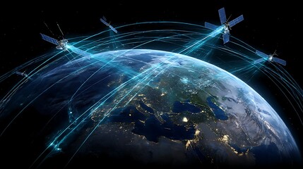 A view of earth with satellites orbiting and light beams connecting to the surface