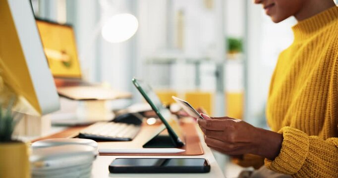 Office, woman and hands with tablet for credit card, online shopping and payment for website app. Closeup, person and debit information with digital for platform subscription, ecommerce and fintech