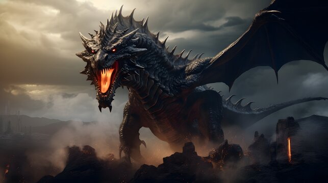 Massive Dark-Scaled Dragon Roaring in a Stormy Volcanic Canyon
