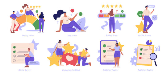 Survey Vector Illustration Set. People Giving Feedback, Choosing Answer, Making Decision and Research. Collection of Online Survey, Customer Review, Voting, Checklist, Client Feedback for Web Design