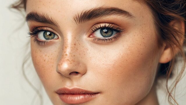 Close-up portrait of a young woman with beautiful eyes and visible freckles across her nose and cheeks, showcasing natural beauty and a fresh complexion