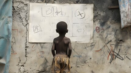 A young child observes a makeshift education wall.