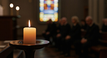 Bright candle glowing during solemn gathering in a church  