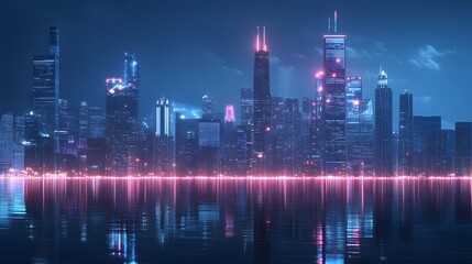 Futuristic cityscape skyline reflected in water at night.