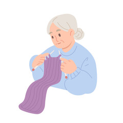 Elderly grandma wearing warm sweater is peacefully knitting isolated on white background. Flat vector character for life at home, hobby, relaxation. Making knit scarf or sweater for loved one.