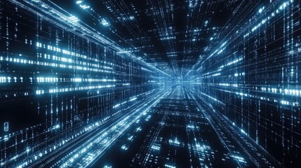 Digital tunnel of binary code.  A perspective view of a long, dark tunnel filled with glowing binary code.  The code streams through the tunnel in rows and columns