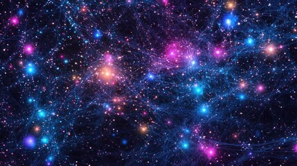 Obraz premium Cosmic network of vibrant energy. Intricate web of glowing particles and stars, swirling in a dark expanse of space, showcasing vibrant colors