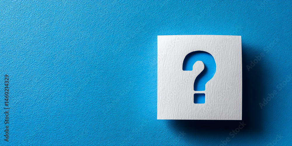 Poster white paper square on blue background with question mark cutout, symbolizing inquiry, doubt, or unce