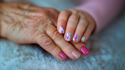 Elderly woman and little girl hold hands and compare painted nails, grandparents day concept