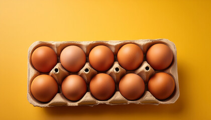 a carton of brown eggs on a yellow background the eggs are arranged neatly in the carton