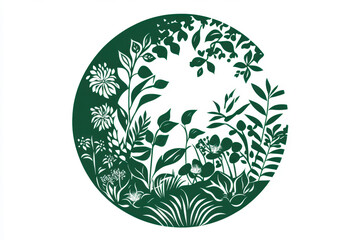This minimalistic circular logo showcases the elegance of nature with flat-color illustrations of green plants and flowers set against a crisp white background, creating a fresh visual identity