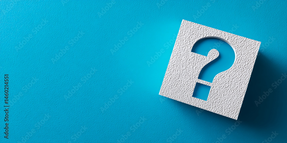 Poster white textured cube with question mark cutout against blue background, symbolizing inquiry, uncertai