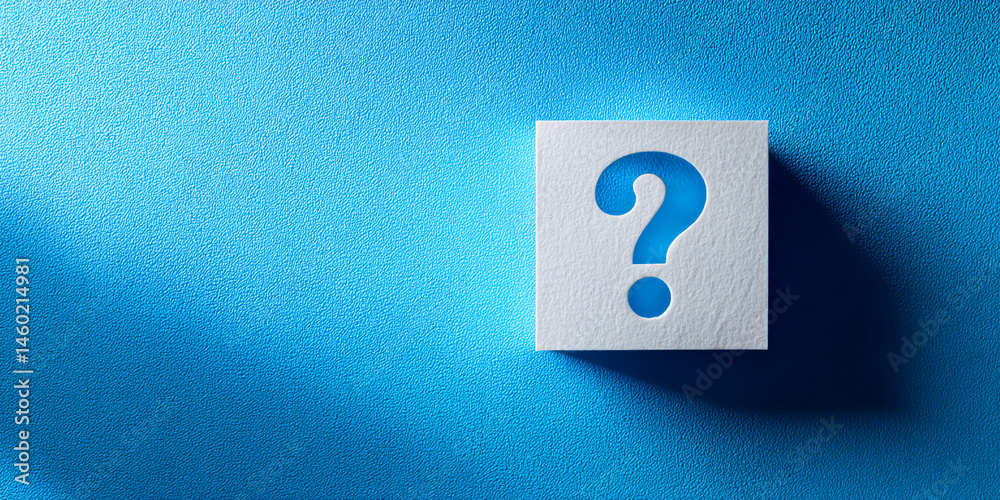 Poster white square on blue textured background displays question mark cutout, symbolizing inquiry, uncerta
