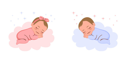 Cartoon illustration of a baby girl and boy peacefully sleeping on a cloud with pink and blue accents. Vector drawing for gender reveal, newborn themes and bedtime designs