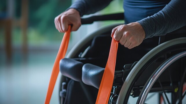 Person in a wheelchair engaging in arm strength exercises with resistance bands