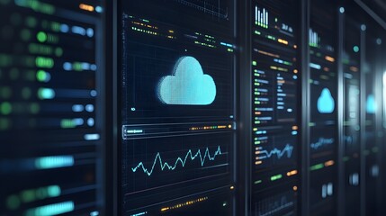 Modern server rack displays with cloud computing data.