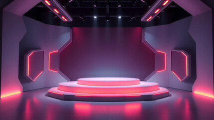 Futuristic product display stage featuring a gradient lit podium with geometric design elements ideal for showcasing technology electronics or innovative creations