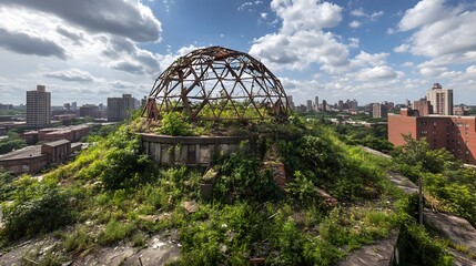Fototapeta premium Ruined dome structure overgrown with vegetation overlooking cityscape.
