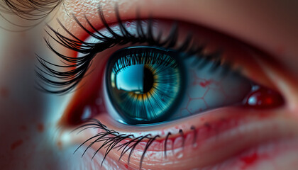 Fototapeta premium Intense Teal Eye with Bloodshot Veins and Long Lashes