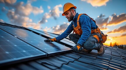 Solar panel installer rooftop sunset.