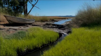 Small boat rests on sandy shore near tidal stream flowing into calm bay under clear blue sky, grassy marshland, coastal - Powered by Adobe