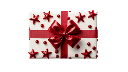 A detailed of a wrapped Christmas present with a big red bow, isolated on white background