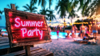 Neon Summer Party sign glowing at a vibrant poolside party