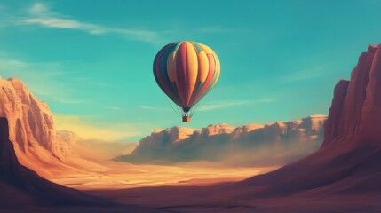 Obraz premium Colorful hot air balloon soars over a desert canyon.