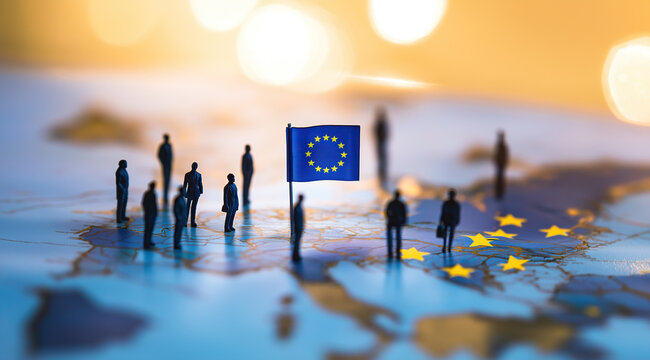 Tiny people stand holding European Union flag