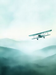 Fototapeta premium Vintage biplane flying over misty green mountains 