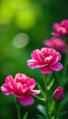 Fototapeta premium Vibrant pink carnations in full bloom, lush green backdrop, sunny day , petals, flora