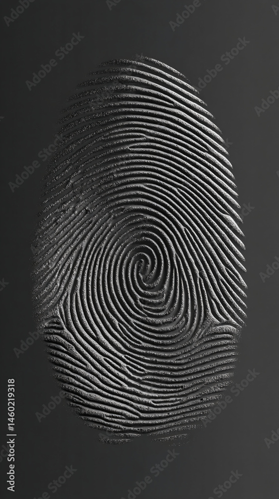 Poster close-up of a textured fingerprint, dark gray, swirling pattern, unique identity, security concept, 