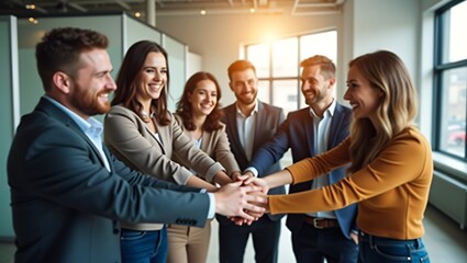 Business team stacking hands for collaboration and unity in modern workspace