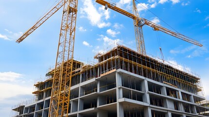 Construction site with cranes and a building under construction.