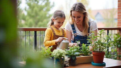 Mother and Daughter Enjoying Gardening Together on Balcony Garden Oasis