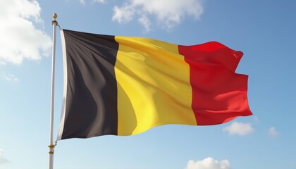 Belgian flag waving in the wind against clear blue sky. National pride and identity, educational materials, travel guides, cultural presentations, and patriotic campaigns