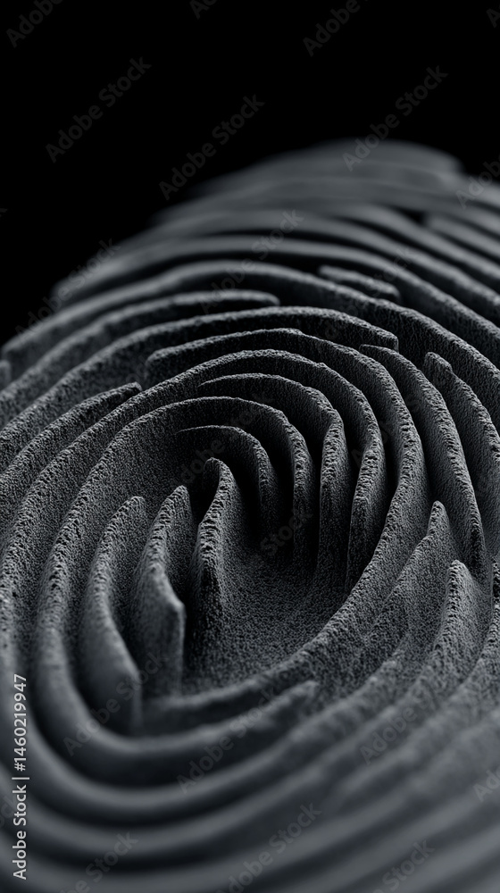Poster Close-up of dark gray textured surface, swirling in concentric circles creating a fingerprint-like pattern, symbolizing identity, security, or uniqueness