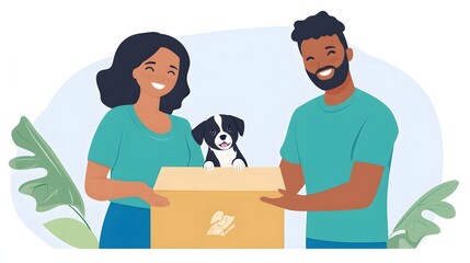 Fototapeta premium Happy couple holding a cardboard box with a puppy inside.