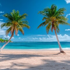 Obraz premium Stunning Tropical Beach with Palm Trees and Clear Ocean Waters