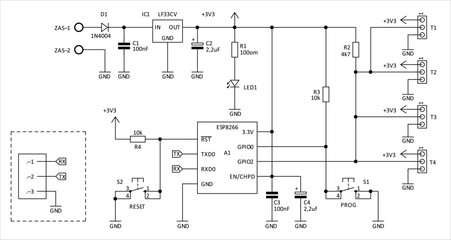 Schematic diagram of electronic device.
Vector drawing electrical circuit with 
controller, integrated circuit, button, 
resistor, capacitor, led indicator, voltage converter, diode  on paper sheet.